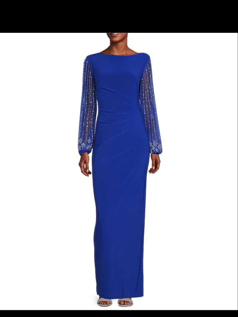 MARINA Royal Blue Beaded Long-Sleeve Maxi Gown